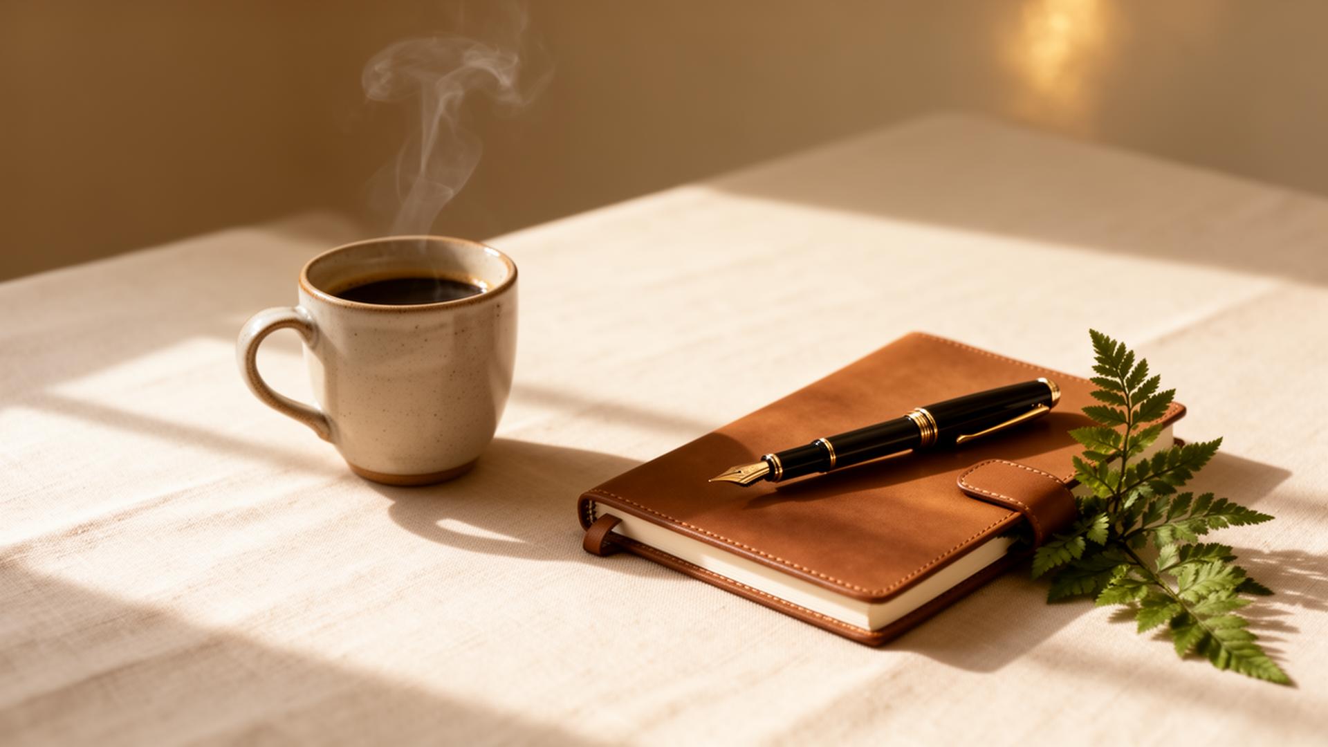 A calm workspace with coffee, a leather notebook and fountain pen